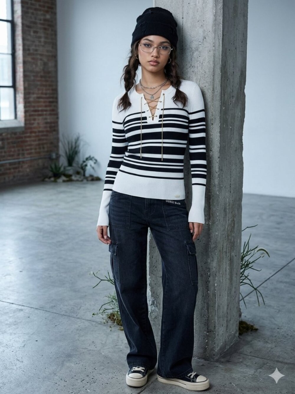 GUESS Evelia Golden Chain Lace-Up Rib-Knit Sweater White/Black Striped Women XL